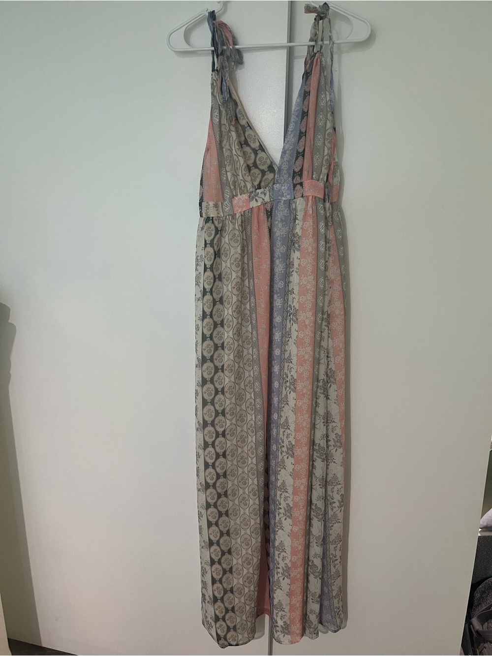 V-Neck Panel Maxi Dress in Peach, Gray & Cream
